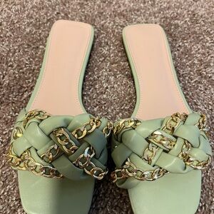 Mixx Shuz Vera Sage Green Braided Gold Chain Slides